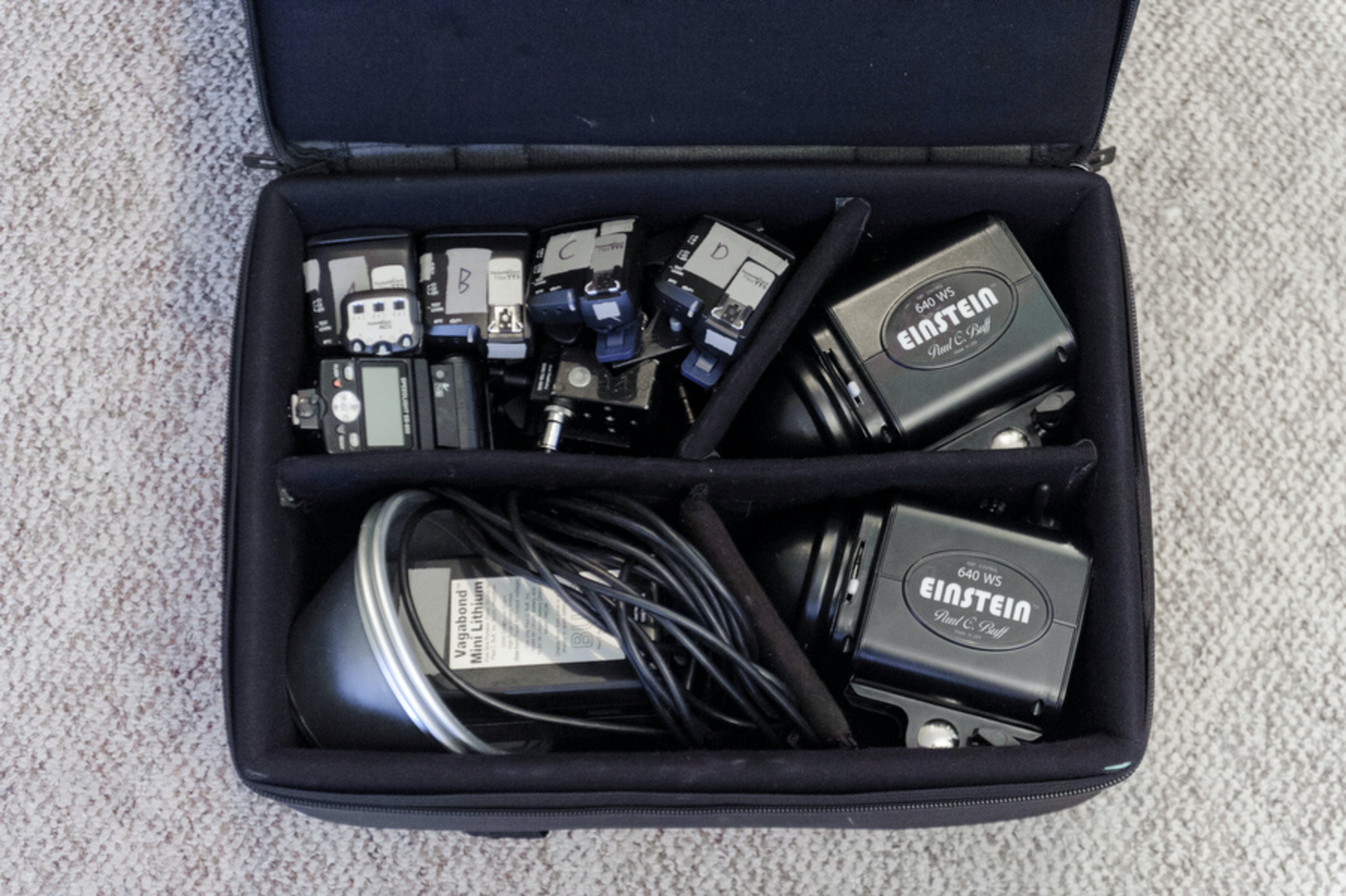 Lighting gear packed in a road case